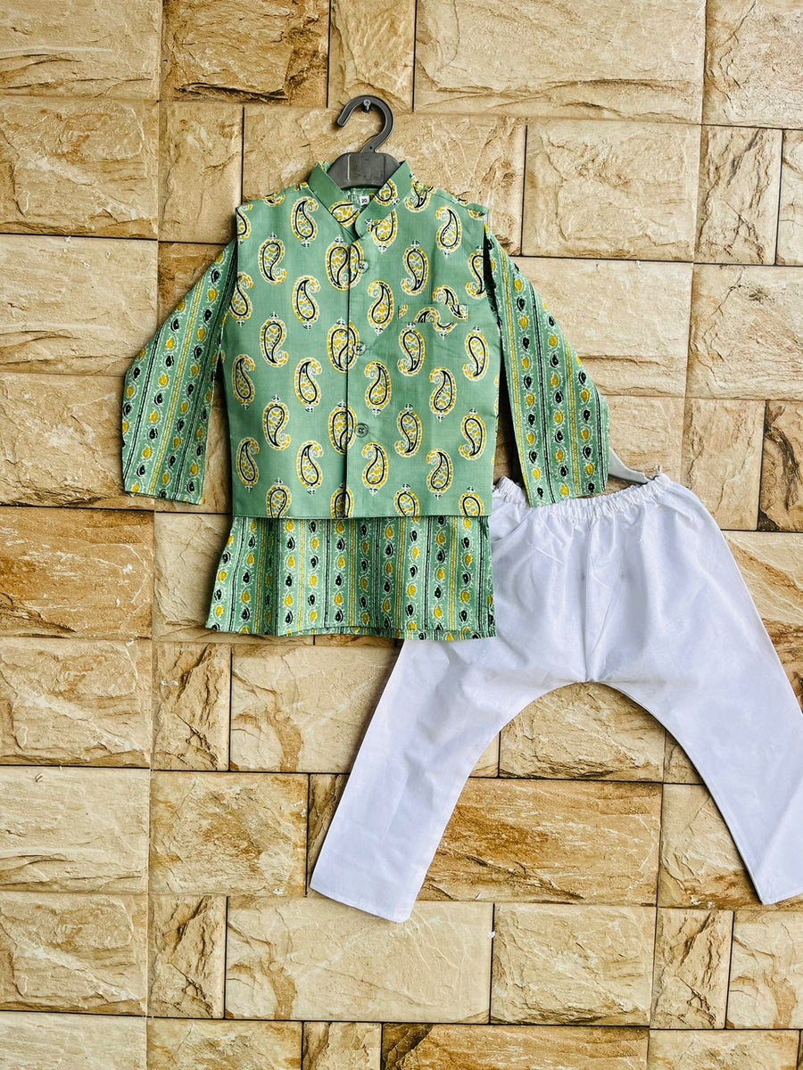 Boy kurta pajama and jacket set green Shining Star's Store