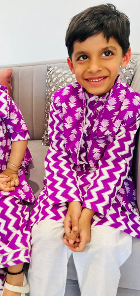 Boy kurta pajama and jacket set purple-S104