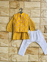 Boy kurta pajama and jacket set yellow