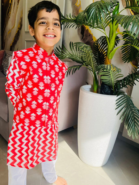 Boy kurta pajama and jacket set red-S106