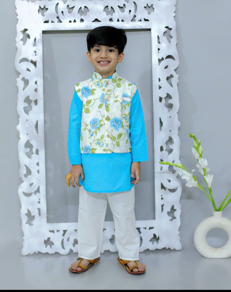 Boy kurta pajama and jacket set blue