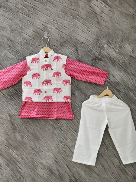 Boy kurta pajama and jacket set elephant print