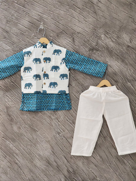 Boy kurta pajama and jacket set elephant print