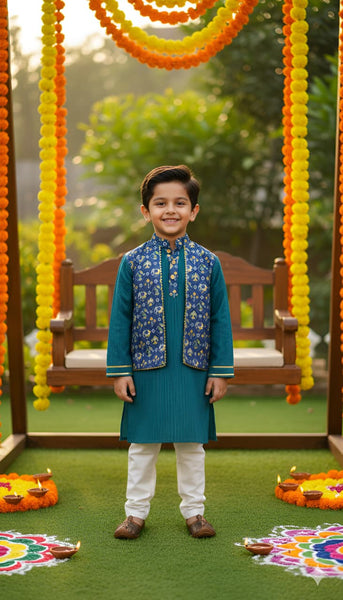 Katha kurta with attached jacket and cotton pajama set-S1135