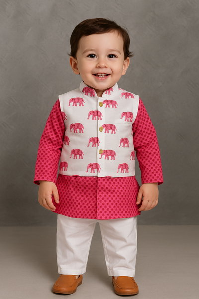 Boy kurta pajama and jacket set elephant print-S295
