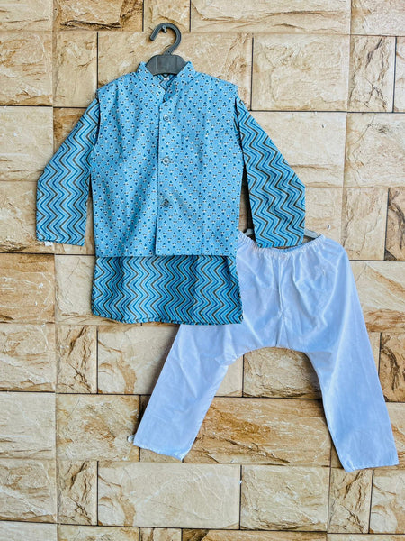 Boy kurta pajama and jacket set blue