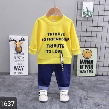 Yellow Full Sleeves Cool Text Printed Sweatshirt and Jeans Set-1637