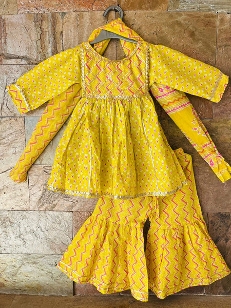 Kurti sharara and dupatta set pink yellow